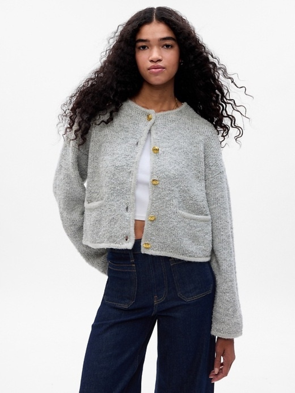 GAP Light Gray Knit Cardigan with Gold Buttons